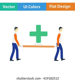 Flat Design Icon Of Football Medical Staff Carrying Stretcher In Ui Colors. Vector Illustration.