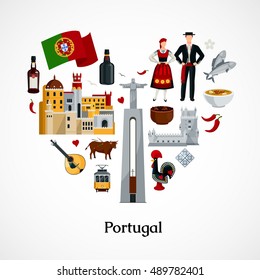 Flat design icon in form of heart with portugal national symbols attractions cuisine and attire on white background vector illustration