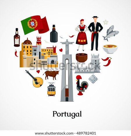 Flat design icon in form of heart with portugal national symbols attractions cuisine and attire on white background vector illustration