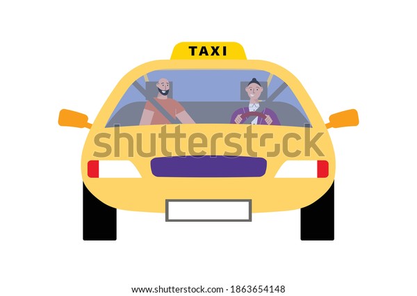 Flat design icon with front view taxi driver\
and passenger vector\
illustration