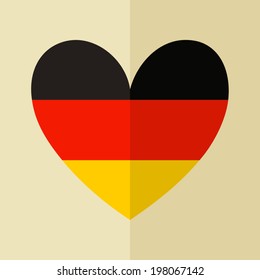 Flat design icon with the German flag in the shape of a heart.