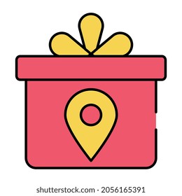 Ein flaches Gestaltungssymbol für die Geschenkorte, verpacktes Paket mit Positionspin