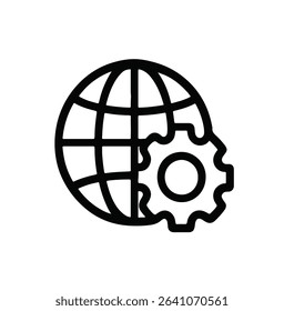 Flat design icon of a globe and a gear representing global settings, technology, system configuration, or international operations. Useful for IT, tech, or network illustrations.