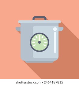 Flat design icon of a grey pressure cooker with a timer, on a peach background