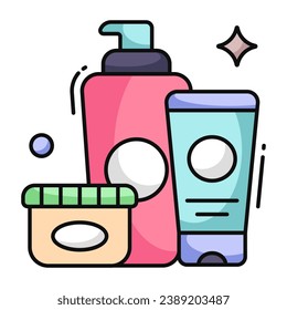 A flat design icon of hand wash with face wash and cream, toiletries 