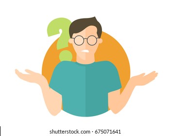 Flat design icon. Handsome man in glasses doubts. Guy with a question mark. Simply editable isolated vector illustration