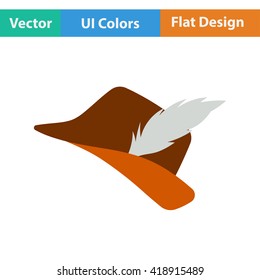 Flat design icon of hunter hat with feather in ui colors. Vector illustration.