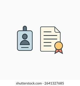 Flat design icon of ID badge and certification paper used in HR documents, employment verification, professional profiles, and corporate identity systems