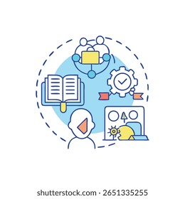 Platte ontwerp pictogram illustreren leerproces en de ontwikkeling van vaardigheden. Toont teamwork, engineering en strategie. Zacht lichtblauw en geel palet.