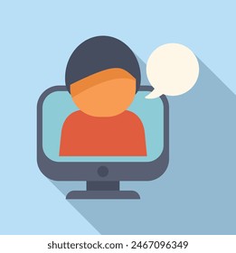 Flat design icon illustrating a person on a computer screen with a speech bubble indicating online chat