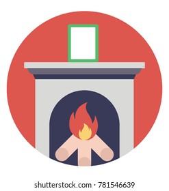 Flat design icon of a inner fireplace with burning wood log