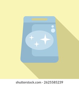 Flat design icon of laundry detergent with shiny cleanliness symbol, on a pastel yellow background