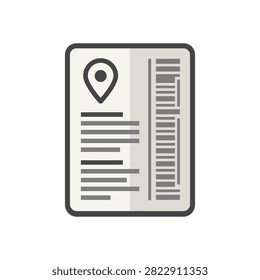 A flat design icon of a location pin marker on a document with lines of text and a barcode.