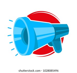 Flat design icon logo element blue noise megaphone on red circle background. Protest information message poster banner print. Modern vector style illustration isolated white background.