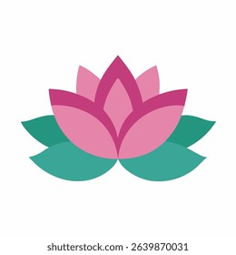Flat design icon of a lotus flower. Suitable for various projects needing a simple, elegant floral symbol or representation of purity.
