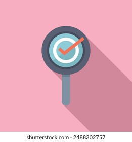 Flat design icon of a magnifying glass focused on a blue checkmark on a pink background