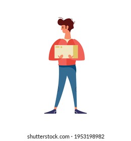 Flat design icon of male courier holding cardboard parcel vector illustration