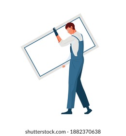 Flat design icon with male worker in uniform carrying plastic window vector illustration