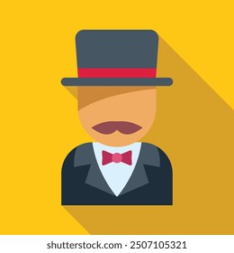 Flat design icon of a man wearing a suit and top hat, perfect for projects related to elegance, style, and sophistication