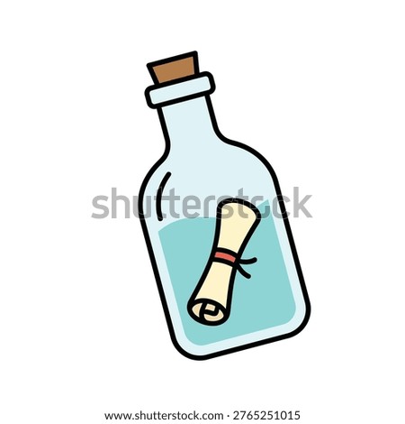 Flat design icon of a message in a bottle, representing mystery, ocean, communication, adventure, and castaway themes.
