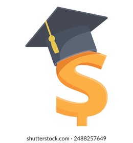 Flat design icon with a mortarboard atop an orange dollar sign representing investment in education