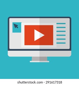 Flat design icon of multimedia. Modern monoblock pc with video icon