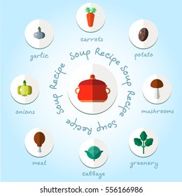 Flat design icon. Mushroom. Vegetables. Soup recipe.
