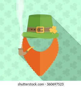  flat design icon on Saint Patrick's Day character leprechaun with green hat, red beard, smoking pipe
