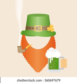  flat design icon on Saint Patrick's Day character leprechaun with green hat, red beard, smoking pipe and green beer