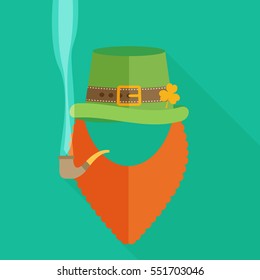  flat design icon on Saint Patrick's Day character leprechaun with green hat, red beard, smoking pipe