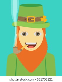 flat design icon on Saint Patrick's Day character leprechaun with green hat, red beard, smoking pipe