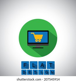 flat design icon of online shopping using desktop or PC - vector graphic. This graphic can also represent purchase of items on internet, virtual shopping