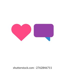 flat design icon pair of a pink heart and a purple chat bubble representing likes and comments social media engagement loving messages and emotional interaction for app and social platform ui use