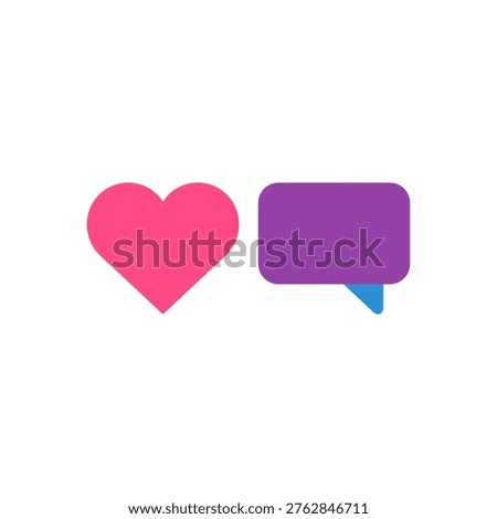 flat design icon pair of a pink heart and a purple chat bubble representing likes and comments social media engagement loving messages and emotional interaction for app and social platform ui use