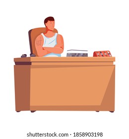 Flat design icon with pawnbroker at his work place vector illustration