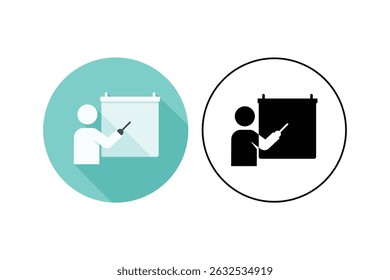 Icono plano del diseño de la persona que presenta el contenido educativo, profesor con el icono del tablero de presentación