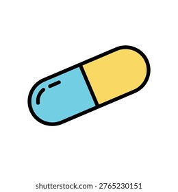 Flat design icon of a pharmaceutical capsule, representing antibiotic, drug, treatment, and health supplements.