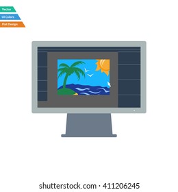 Flat design icon of photo editor on monitor screen in ui colors. Vector illustration.
