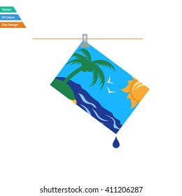 Flat design icon of photograph drying on rope in ui colors. Vector illustration.