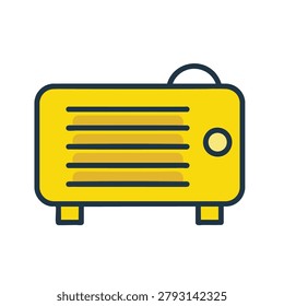 A flat design icon of a portable electric room heater in a bright yellow color with dark outline