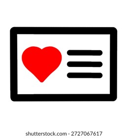 Un icono de diseño plano de una postal o tarjeta de identificación. Contiene un audaz corazón rojo y tres cortas barras negras sobre un fondo blanco, todo enmarcado por un rectángulo negro redondeado. Estilo sencillo y moderno.