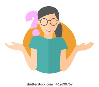 Flat design icon. Pretty girl in glasses doubts. Woman with a question mark. Simply editable isolated  vector illustration