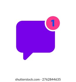flat design icon of a purple chat bubble with a pink notification badge showing number one representing unread message alert incoming notification and new reply count for mobile and app ui use