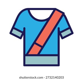 A flat design icon representing a blue t-shirt with an orange diagonal sash or strap across the chest.