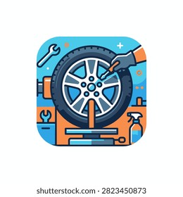 Flat design icon representing car tire repair service with tools and a wheel.
