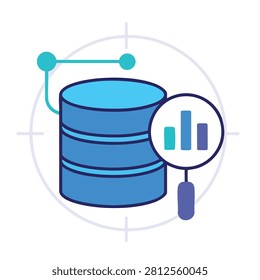 A flat design icon representing data storage analysis with a database cylinder and a bar chart magnifying glass