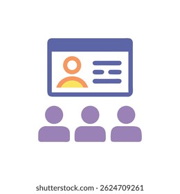 Flat design icon representing an online presentation with a presenter and three audience members. Minimalist and clean visual style.