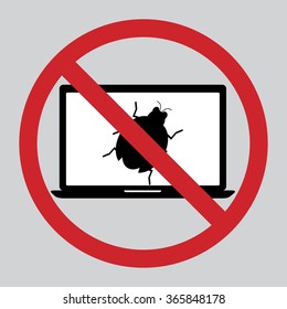 Flat design icon of restrict malware bug computer on laptop.