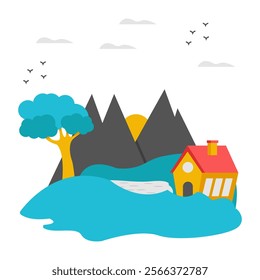 A flat design icon of riverside house landscape