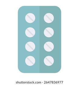 Ícone de design plano de um blister de pílula redonda em tom pastel azul macio. Ideal para ilustrações de assistência médica, farmácia, medicação e relacionadas à medicina.